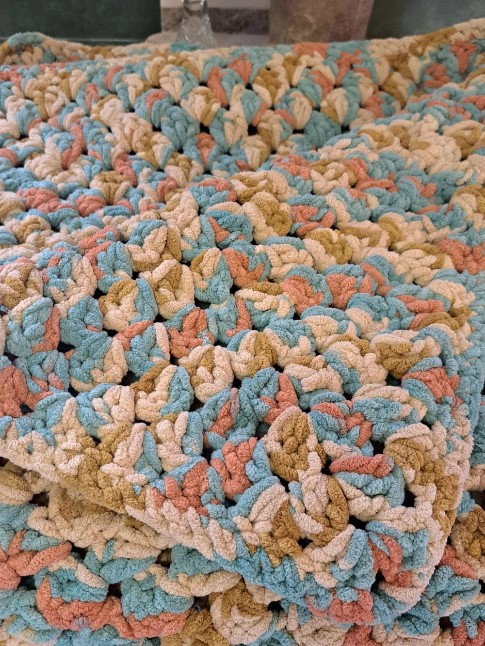 Boho Plush Crochet Throw Blanket in Blue, Coral & Cream (40